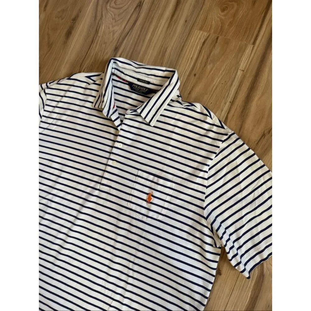 Polo Golf Ralph Lauren Mens Blue White Striped Stretch Lisle Polo Shirt XL